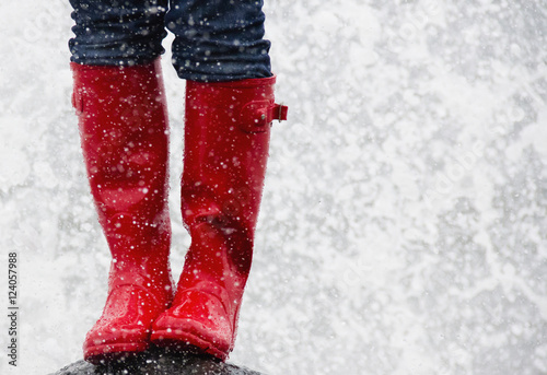 Red Rubber Boots In The Rain; Tofino, British Columbia, Canada photo