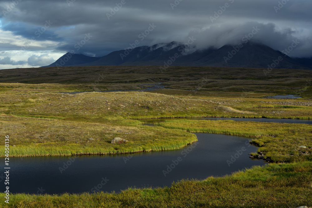 Cold tundra in the polar mountains. Polar Urals, Russia. Cold tundra in the polar mountains. Polar Urals, Russia.