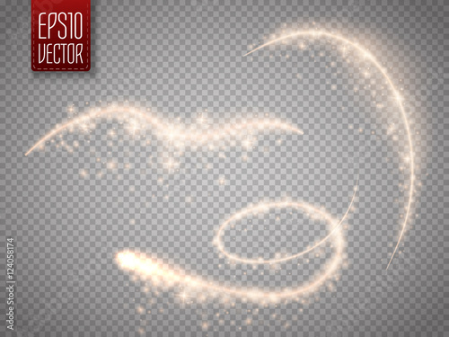Set of magic glowing spark swirl trail effect isolated on transparent background. Bokeh glitter wave line with flying sparkling flash lights. Vector