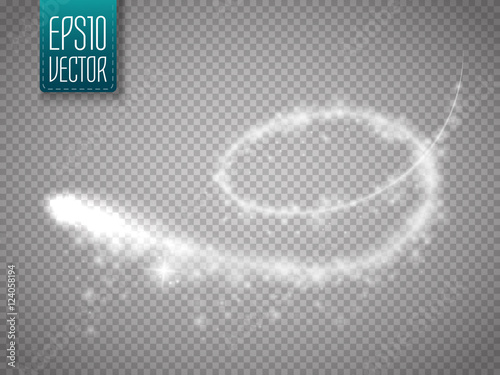 Magic glowing spark swirl trail effect isolated on transparent background. Bokeh glitter wave line with flying sparkling flash lights. Vector