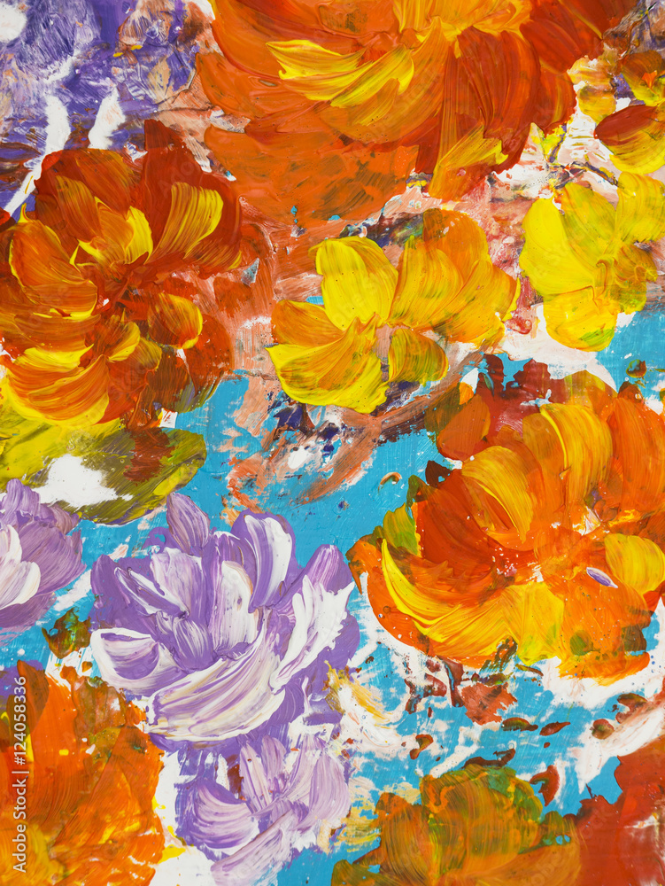 Bright abstract flowers, art background, hand painting.