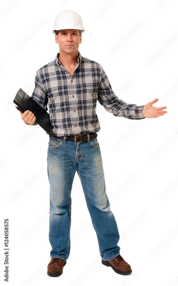 Full-length construction contractor oil gas field worker foreman engineer architect with hard hat and notebook explaining gesturing directing isolated on white background Full-length construction contractor oil gas field worker foreman engineer architect with hard hat and notebook explaining gesturing directing isolated on white background