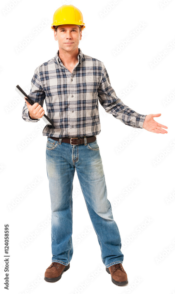 Construction worker gesturing isolated on white background Construction worker gesturing isolated on white background