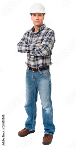 Full-length workman construction contractor industry oil gas worker with arms crossed isolated on white background for use alone or as a design element © Eric Hood