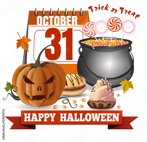 Halloween calendar, jack-o'-lantern and a caldron with candies. Trick or treat. Happy Halloween. Vector greeting card