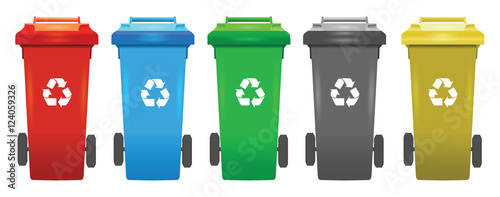 Colorful recycle trash bins isolated white, vector set. Big containers for recycling waste sorting - plastic, glass, metal, paper