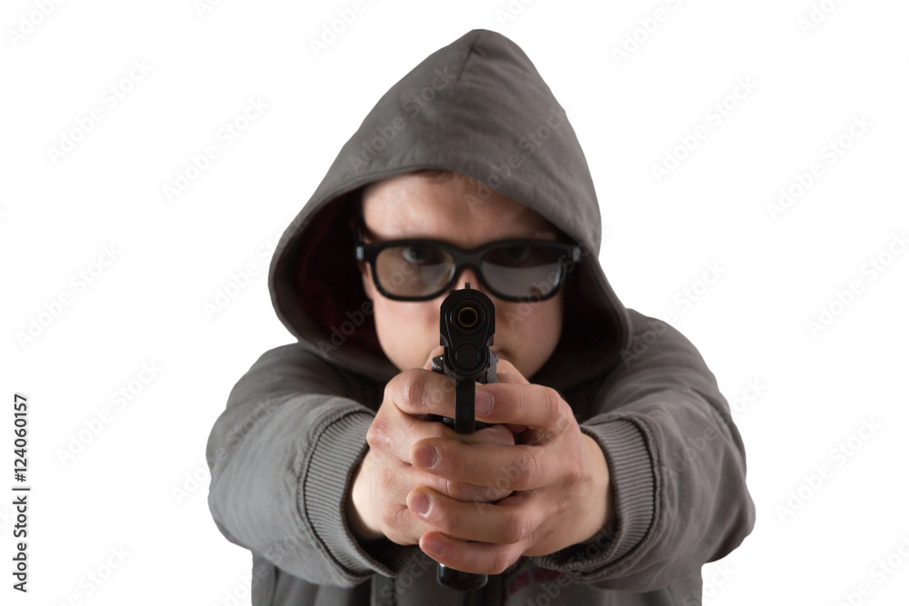 man pointing with gun isolated on white background man pointing with gun isolated on white background