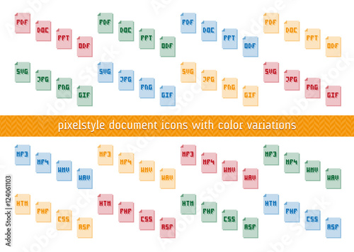 Pixelstyle document and format icons with color variations - vector eps