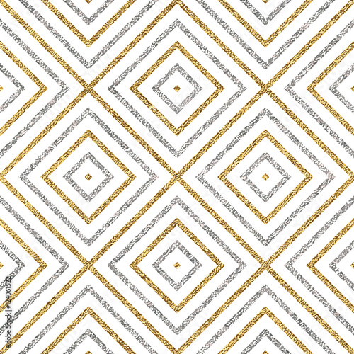 Geometric seamless pattern of gold silver diagonal lines or strokes, abstract seamless background of golden silvery rhombus, square, vector for paper, card, invitation, wrapping, textile, web design