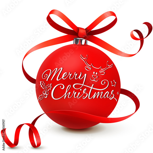 red christmas ball with bow and lettering - merry christmas