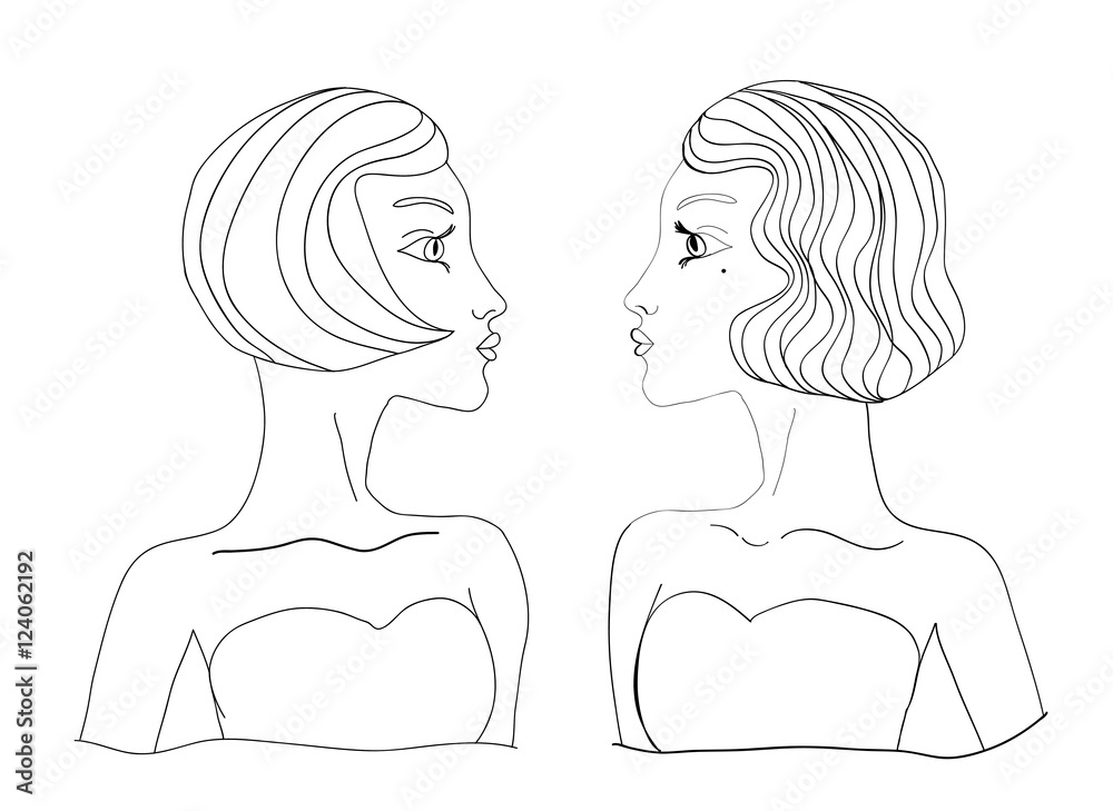Two uncolored retro black and white girsl looking at one another. Two uncolored retro black and white girsl looking at one another.