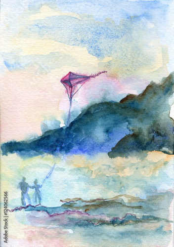 watercolor postcard with abstract people walking near the sea.  Aquarelle sky, mountains and beach