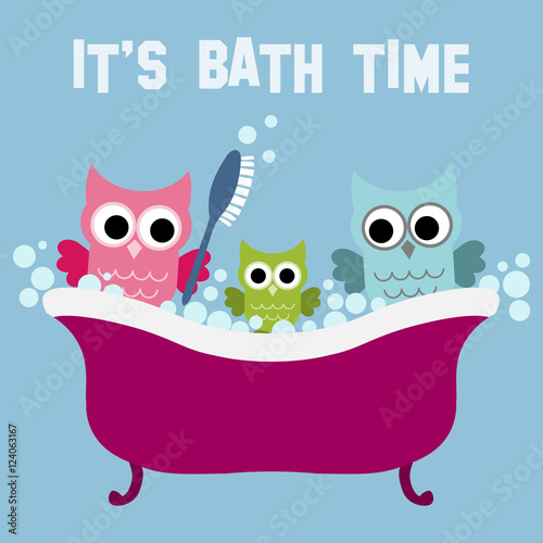 Owl family sitting in the bath