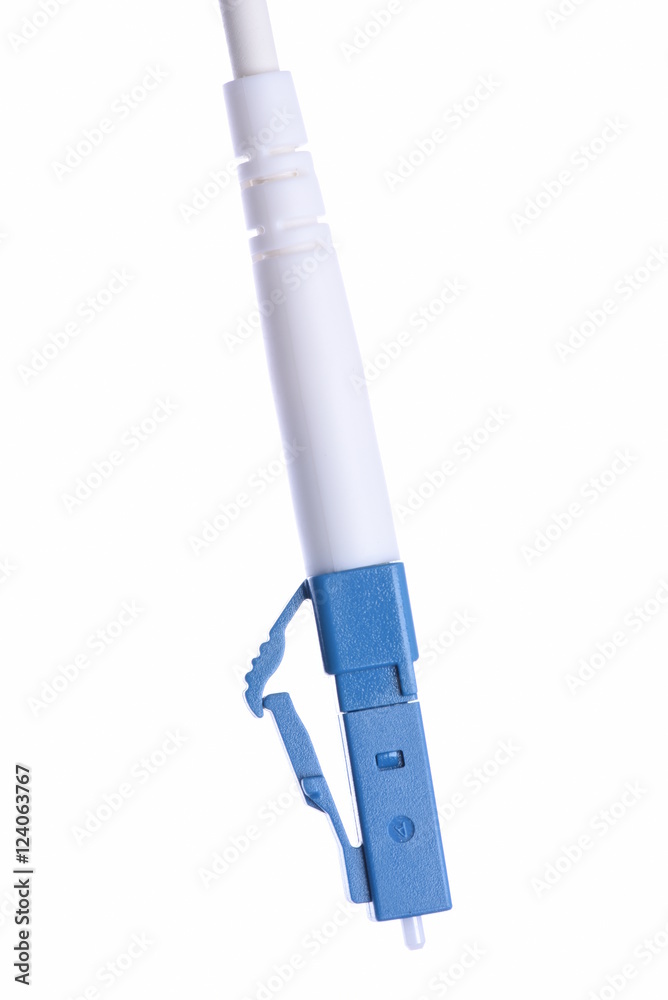 Close up of optical cable LC patch cord connector isolated on white background Close up of optical cable LC patch cord connector isolated on white background