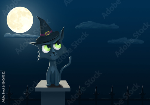 Digital painting of a halloween cat with copyspace