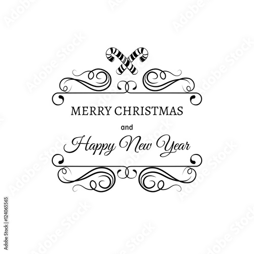 Merry Christmas And A Happy New Year. Greeting Card. Christmas candy stick. Filigree scroll and frame divider decorated. Ornate Frame. Vector