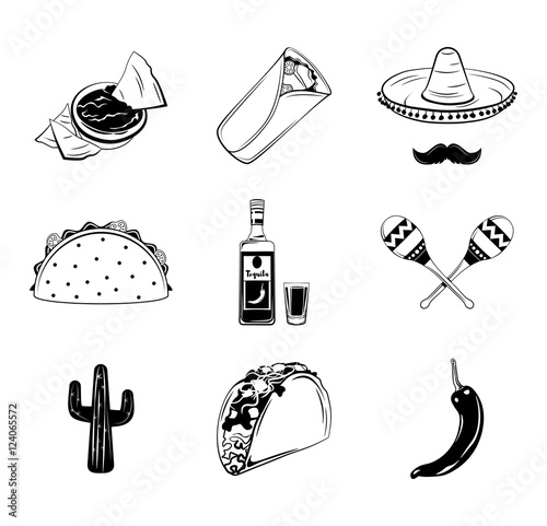 Nachos, a Burrito, Sombrero Mexican Hat and Mustache, Taco, Tequila and shot glass, Maracas, Cactus, chili Pepper. Mexican Theme