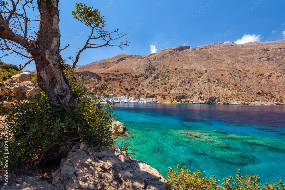 Fototapeta premium Sea bay with transparent blue water near Loutro town on Crete island