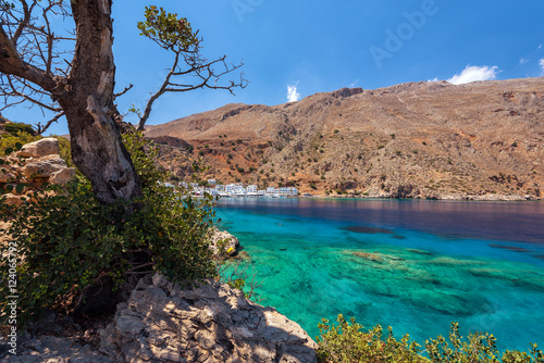 Sea bay with transparent blue water near Loutro town on Crete island