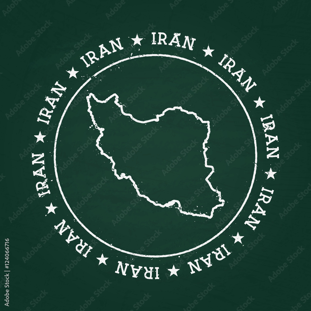 White chalk texture rubber seal with Islamic Republic of Iran map on a green blackboard. Grunge rubber seal with country outlines, vector illustration.
