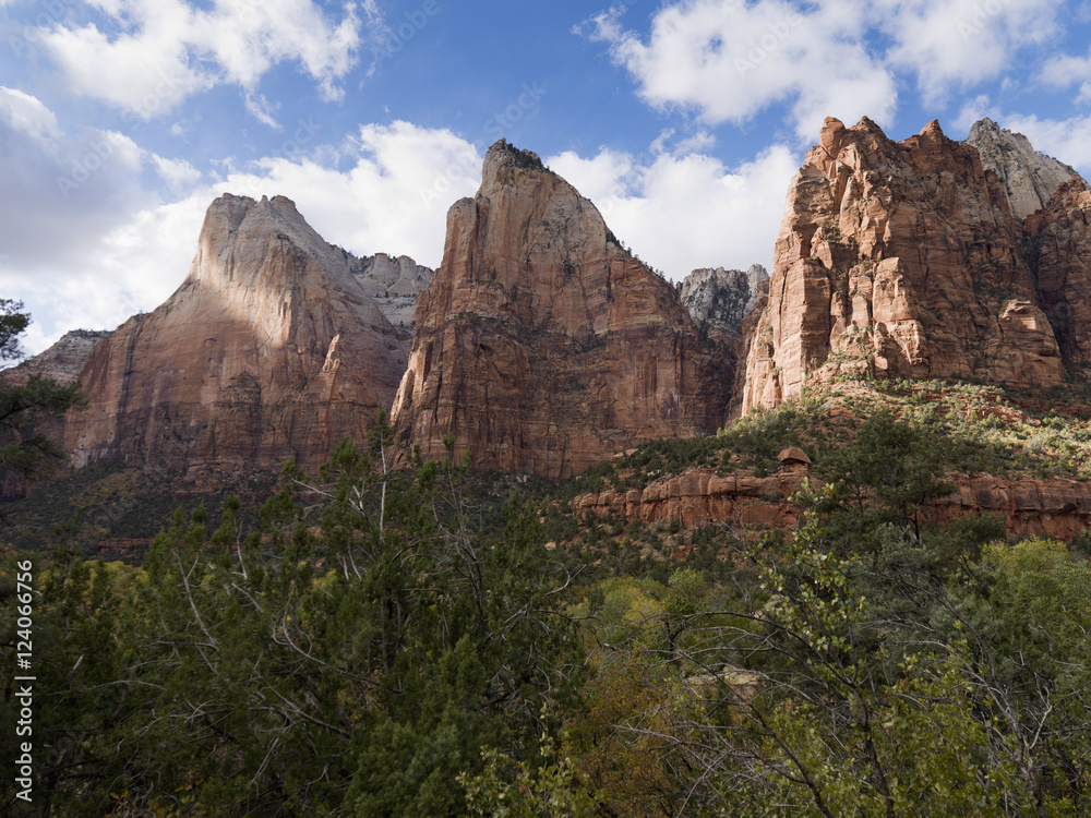 Rugged Sandstone Cliffs In Zion National Park; Utah, United States of America Rugged Sandstone Cliffs In Zion National Park; Utah, United States of America