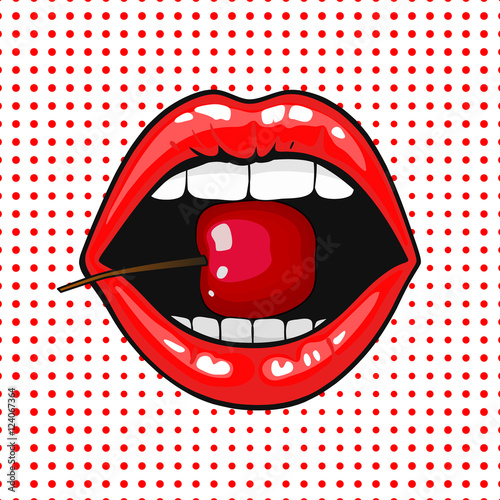 Close up view of young pretty woman lips portrait biting a cherry. Open month with white teeth eating a red cheery. halftone dots background. Pop art comic style.