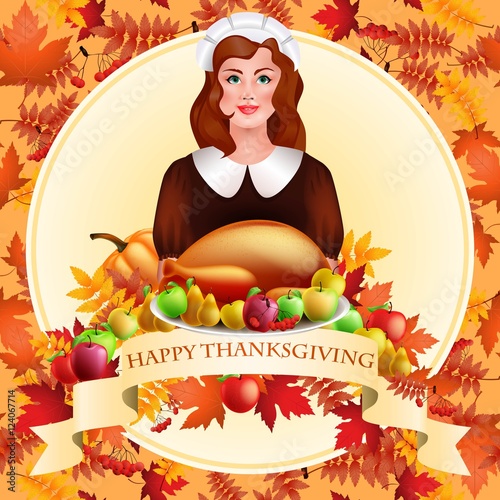 illustration of Thanksgiving celebration banner with maple leaf