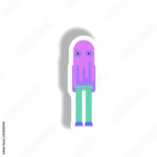 Vector illustration paper sticker Halloween icon young child dressed in a ghost costume