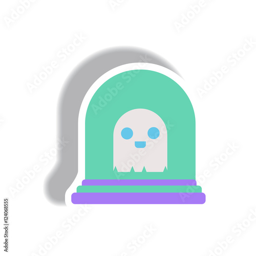 Vector illustration paper sticker Halloween icon grave monument and ghost