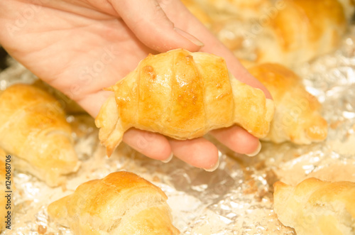 Baked homemade croissants in hand