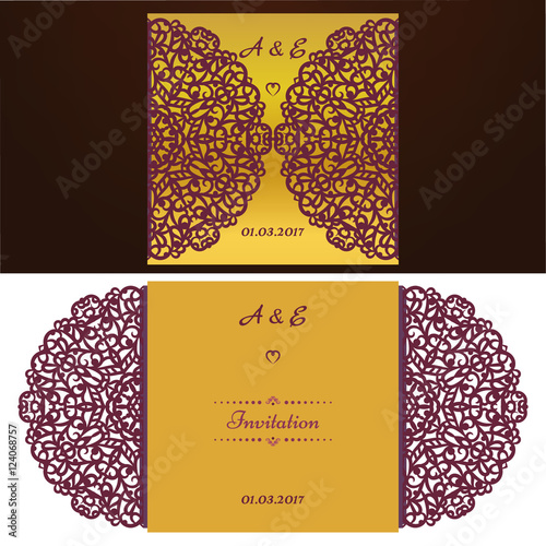 Die cut wedding invitation card template. Paper cut out card with lace. Beautiful laser cut invitation card for wedding. Paper cutouts. Wedding invitation template