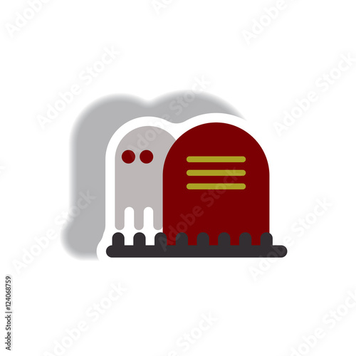 Vector illustration paper sticker Halloween icon grave monument and ghost