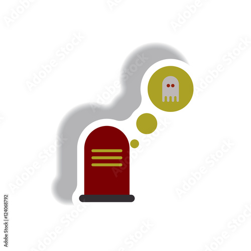 Vector illustration paper sticker Halloween icon grave monument and ghost
