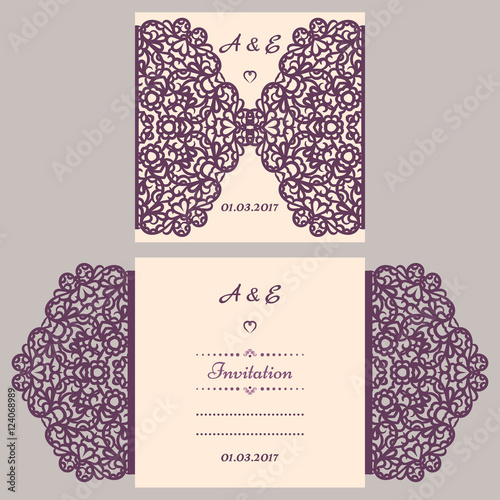 Wedding invitation or greeting card with abstract ornament. Vector envelope template for laser cutting. Paper cut card with silhouette. Cutout silhouette panel. Cutting file