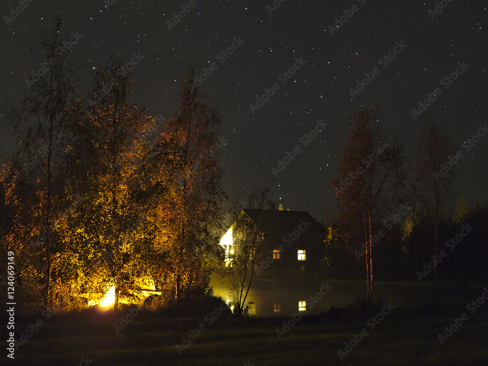 Wilderness cottage by a pond in dark night with starry sky. Scandinavia travel destinations.