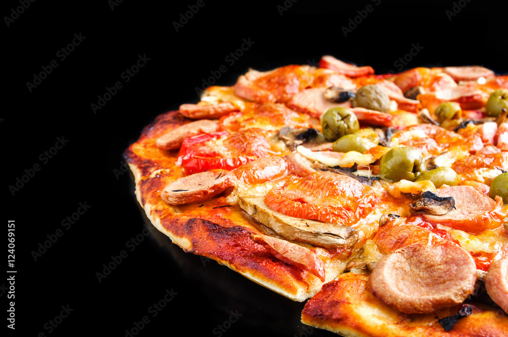 Pizza with cheese and mushrooms on dark mirror background Pizza with cheese and mushrooms on dark mirror background