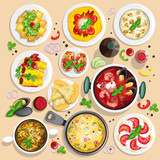 Collection of italian food top view iluustrations
