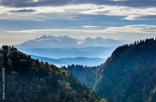 View from Sokolica in Pieniny Mountains with Tatra Mountains  Season Autumn