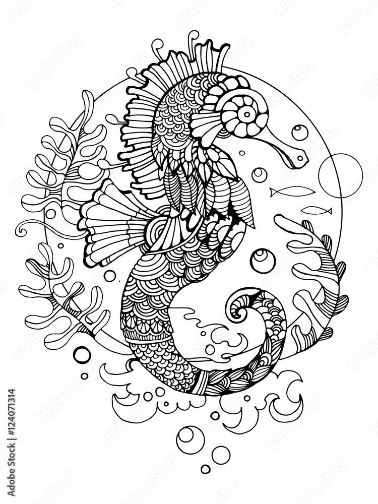 Obraz premium Sea horse coloring book for adults vector