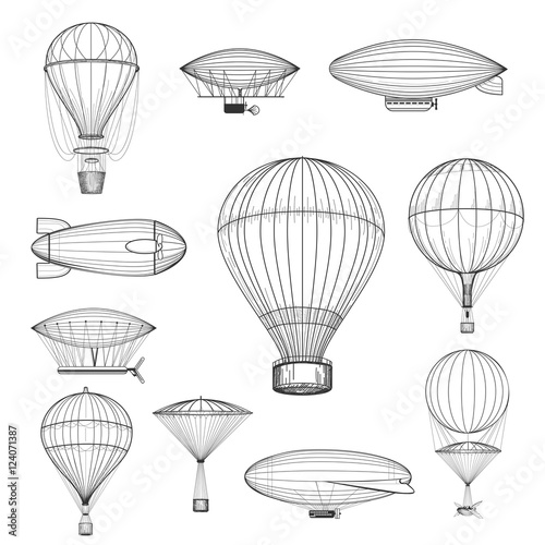 Vintage hot air balloons. Retro hand drawn air balloon set vector illustration