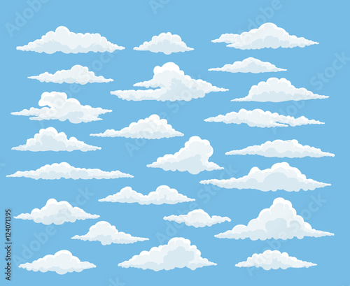Naklejka Kreskówka chmura wektor zestaw. Niebieskie niebo z białymi chmurami