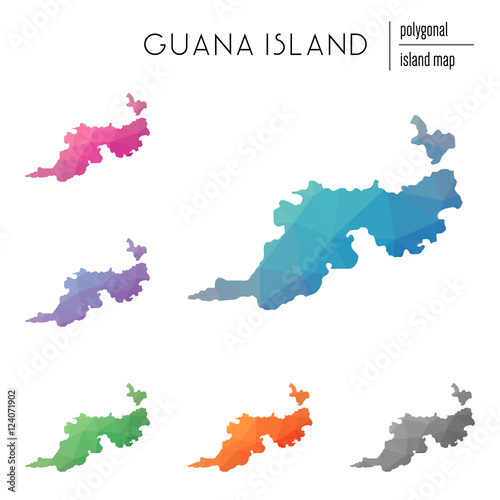 Set of vector polygonal Guana Island maps filled with bright gradient of low poly art. Multicolored island outline in geometric style for your infographics.