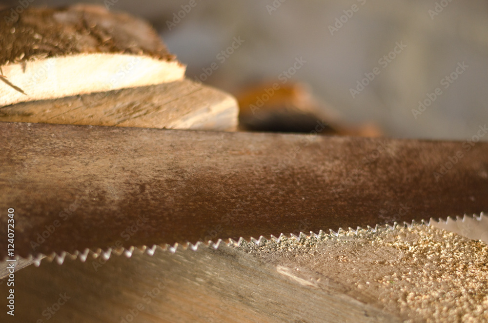 saw with sawdust and pieces of wood. saw with sawdust and pieces of wood.