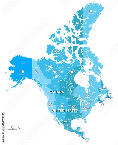 North America time zones vector high detailed  map. All elements separated in detachable and labeled layers