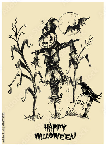 Halloween vector .Scarecrow.Hand drawn illustration