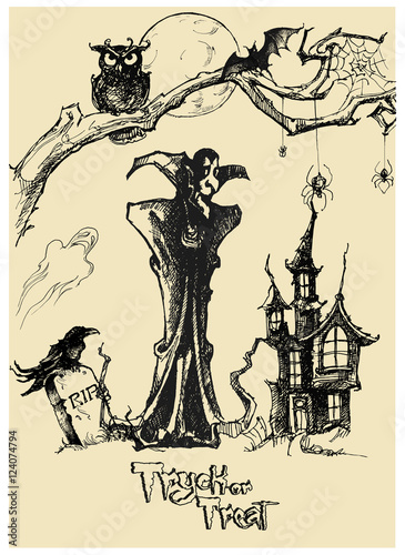 Halloween. Line art. Doodle. Black and white drawings by hand