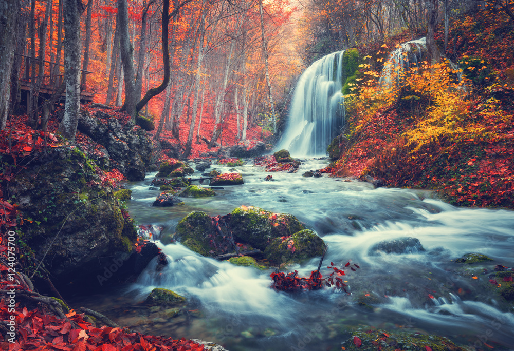 Autumn forest with waterfall at mountain river at sunset. Colorful landscape with trees, stones, waterfall and vibrant red and orange foliage. Nature background. Fall woods. Vintage toning - obrazy, fototapety, plakaty 