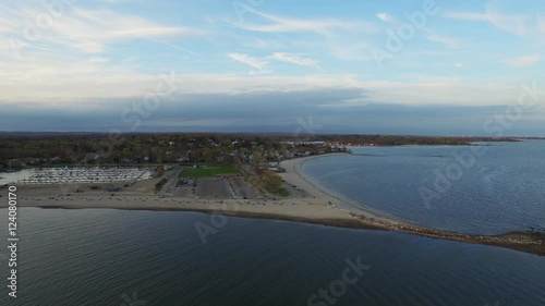 Aerial over upscale coastal neighborhood, New England scenics. photo