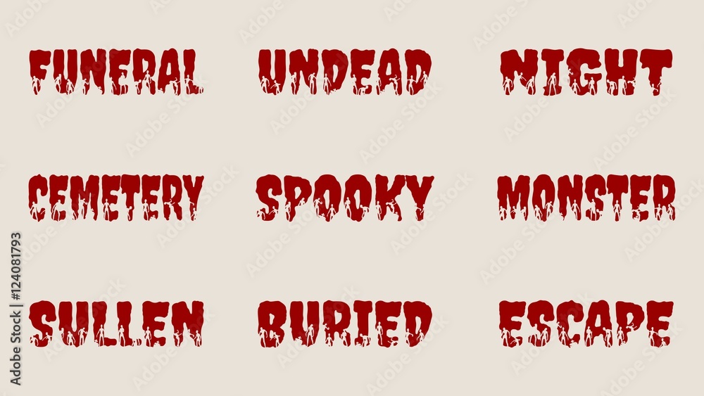 Halloween relative words and zombie silhouettes on them. Unusual lettering collection