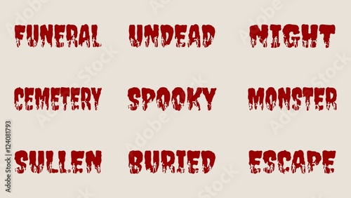 Halloween relative words and zombie silhouettes on them. Unusual lettering collection